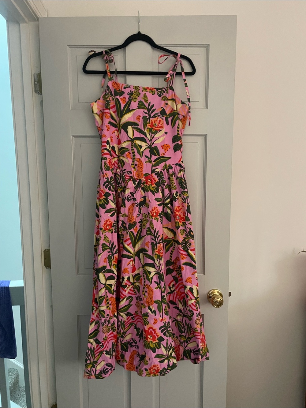 Pink Tropical Print Tie-Shoulder Dress